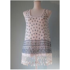 White Knit Fringe Hem Tank Top Blue Geometric Coastal Women’s Large BOHO Tunic